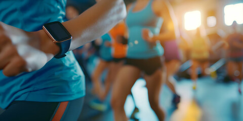 Participants in a dynamic fitness class are engaged in vigorous workouts, using fitness trackers to monitor their progress and performance in an energetic atmosphere