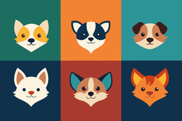 Fototapeta premium 6 Adorable Animal Head Logos: Rabbit, Cat, Dog, Cow, Pig, Panda | Vector Icons 