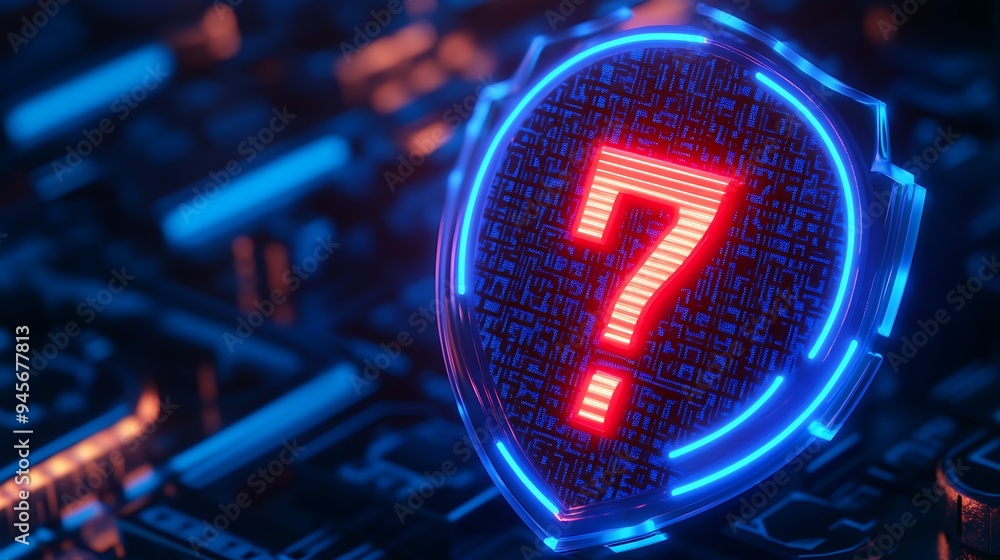 Poster futuristic digital shield with a glowing question mark, symbolizing cyber security uncertainty, on a