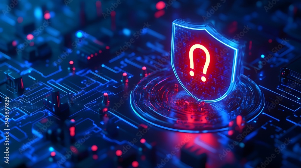 Poster futuristic digital shield with a glowing red question mark, symbolizing cybersecurity concerns and t