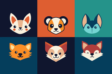 6 adorable animal head logos rabbit cat dog vector illustration  