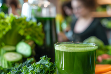 A group of individuals is actively preparing green juice from various vegetables in a lively kitchen setting, emphasizing healthy living and nutrition