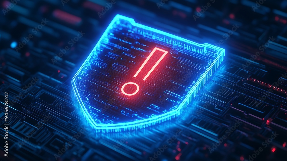Poster futuristic digital shield with a red exclamation mark symbolizing a security alert on a high-tech ci