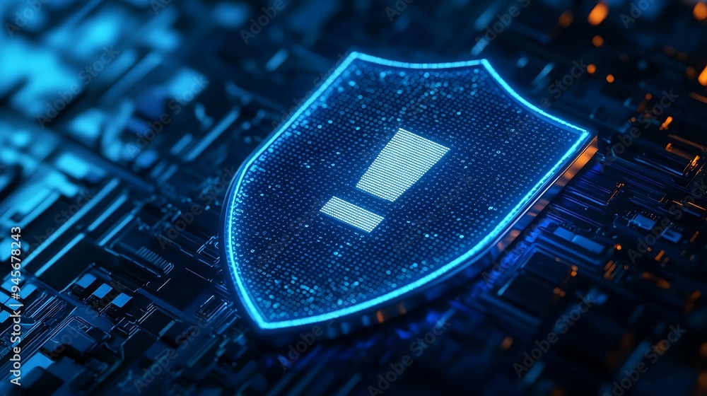 Aufkleber futuristic digital shield with an exclamation mark symbolizing cybersecurity, data protection, and n