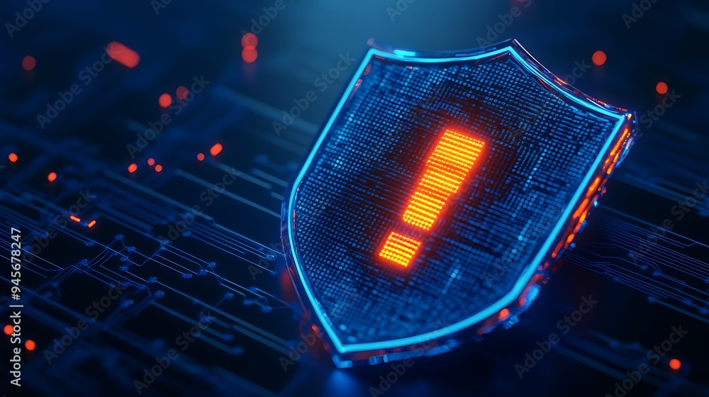 Poster futuristic digital shield with exclamation mark, representing cybersecurity alert or system warning 