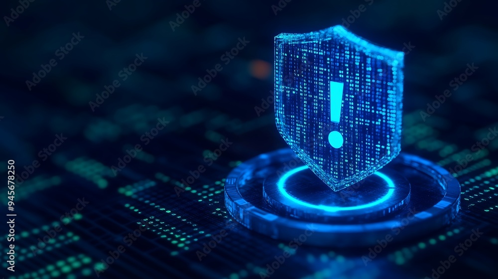 Aufkleber futuristic digital shield with exclamation mark representing cybersecurity alert over a dark backgro