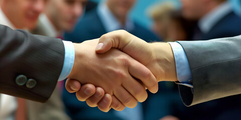 Two business professionals shake hands, solidifying a deal in a corporate environment, surrounded by colleagues discussing further agreements in the background