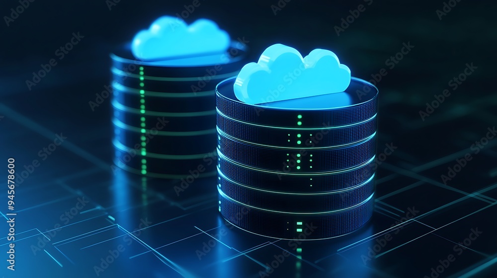 Poster futuristic digital visualization of cloud storage technology with servers, highlighting data managem