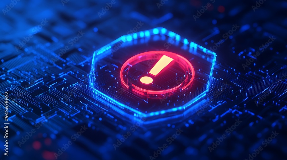 Poster futuristic digital warning symbol, glowing in a high-tech blue and red display, representing cyberse