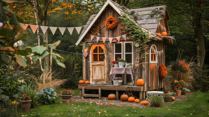 Obraz premium Cozy autumn playhouse in a backyard adorned with seasonal decor and pumpkin patch