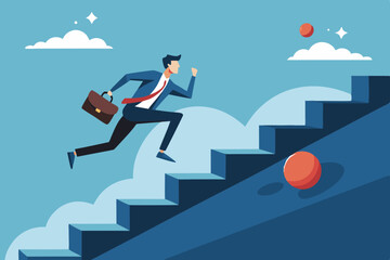 Overcome obstacle, effort or adversity for business growth, difficulty, challenge to win competition, skill or leadership concept, businessman jump over falling boulder to climb up stair of success
