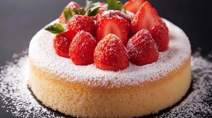 A delightful circular sponge cake, adorned with a delicate dusting of powdered sugar. Resting atop its pristine surface are vibrant strawberries, their juicy presence adding a touch of vibrant color 