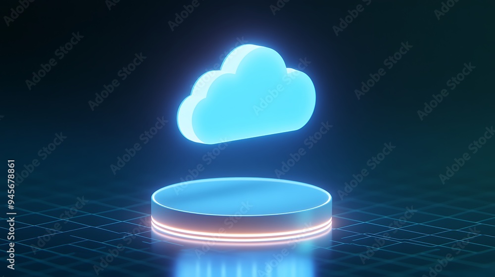 Poster futuristic glowing cloud icon hovering above a neon platform, symbolizing modern cloud technology an