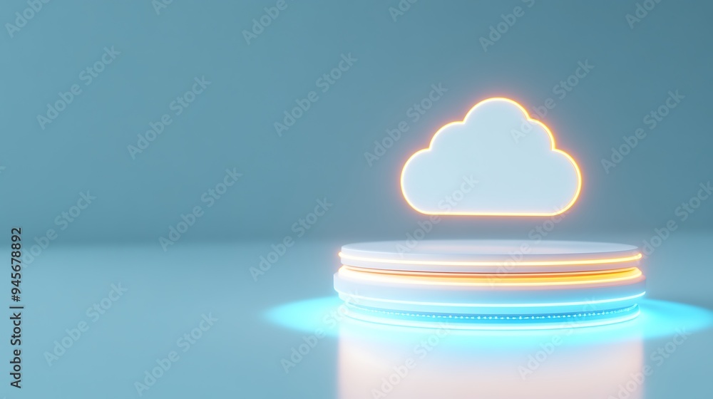 Poster futuristic glowing cloud icon displayed on a digital platform, symbolizing cloud computing and moder