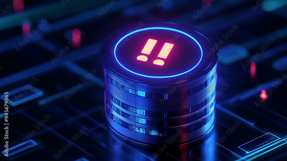 Poster futuristic glowing database with exclamation marks, symbolizing data alert or warning on a digital i