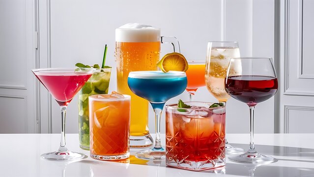 Set of cocktails soft and longdrinks in front of white background
