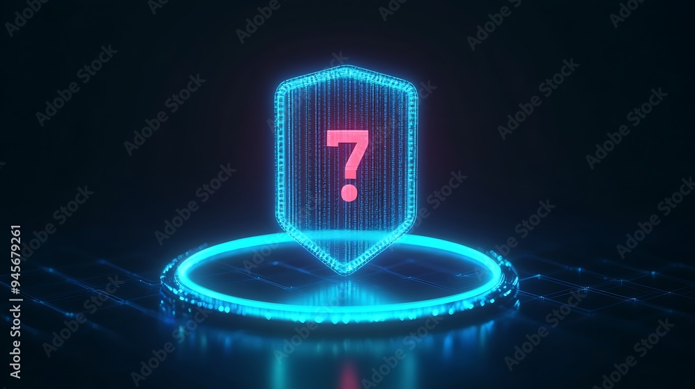 Poster futuristic glowing shield with question mark symbol on digital platform, representing security and u