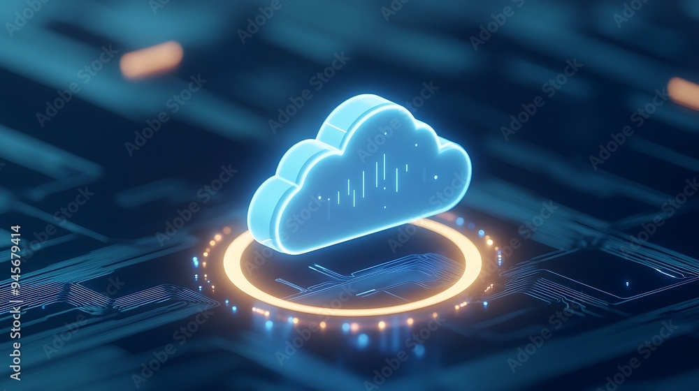 Poster futuristic illustration of cloud computing technology with a glowing digital cloud hologram on a hig