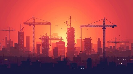 Cityscape with Construction Cranes During Sunset