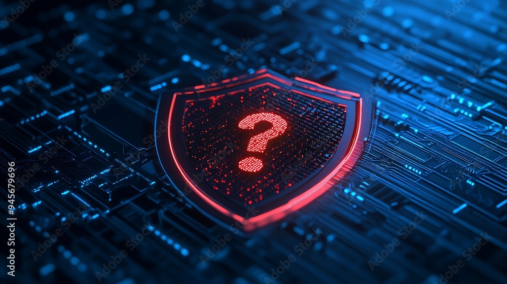 Poster futuristic security concept with a digital shield and question mark icon on a circuit board backgrou