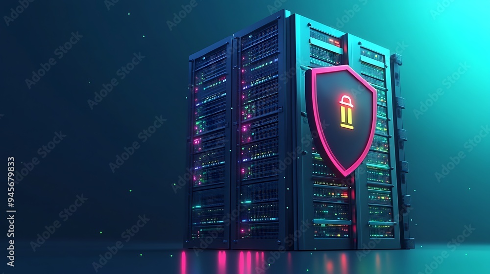 Poster futuristic server rack shielded by a neon-lit security icon, representing advanced cybersecurity mea
