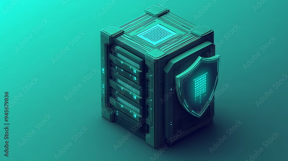 Poster futuristic server rack with shield symbolizing cybersecurity and data protection in a greenish-blue 