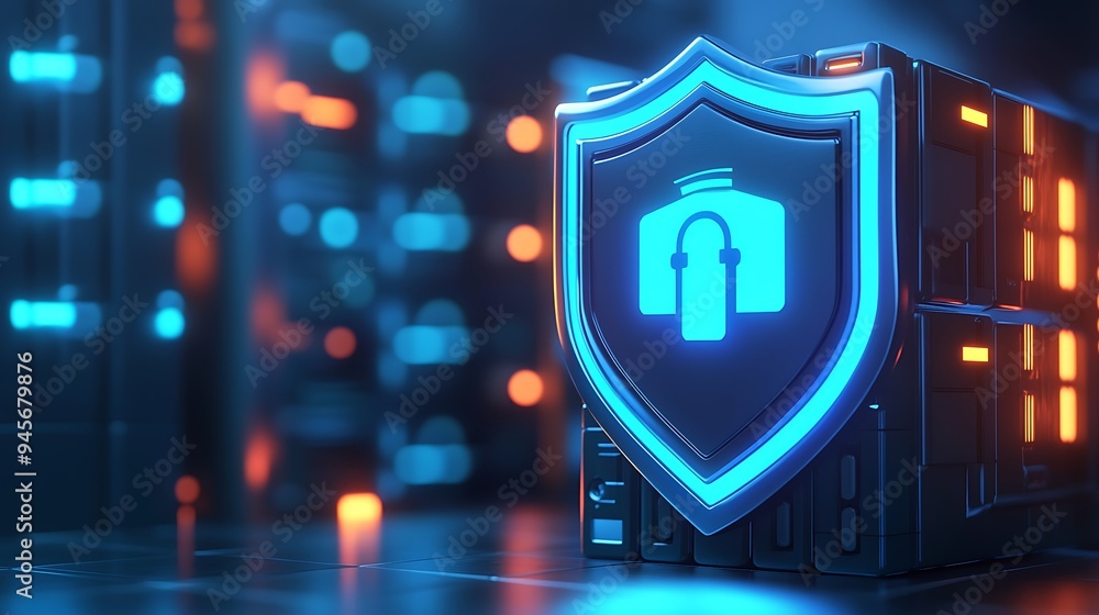 Poster futuristic server room with advanced data protection, featuring a glowing shield and padlock symbol 