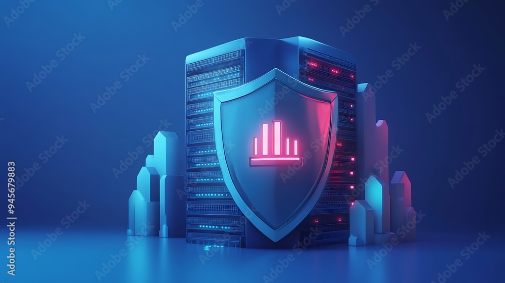 Poster futuristic server with a digital shield icon, representing advanced data security and protection in 