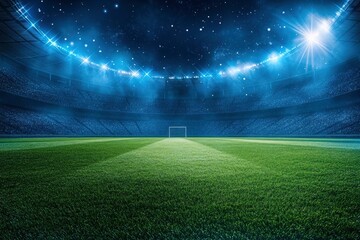 beautiful sports stadium with a green grass field shines with blue spotlights at night with stars. Sports tournament, world championship , ai