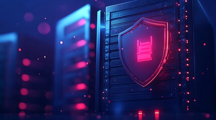Futuristic server room with glowing shield icon, representing cybersecurity and data protection in a digital network environment.