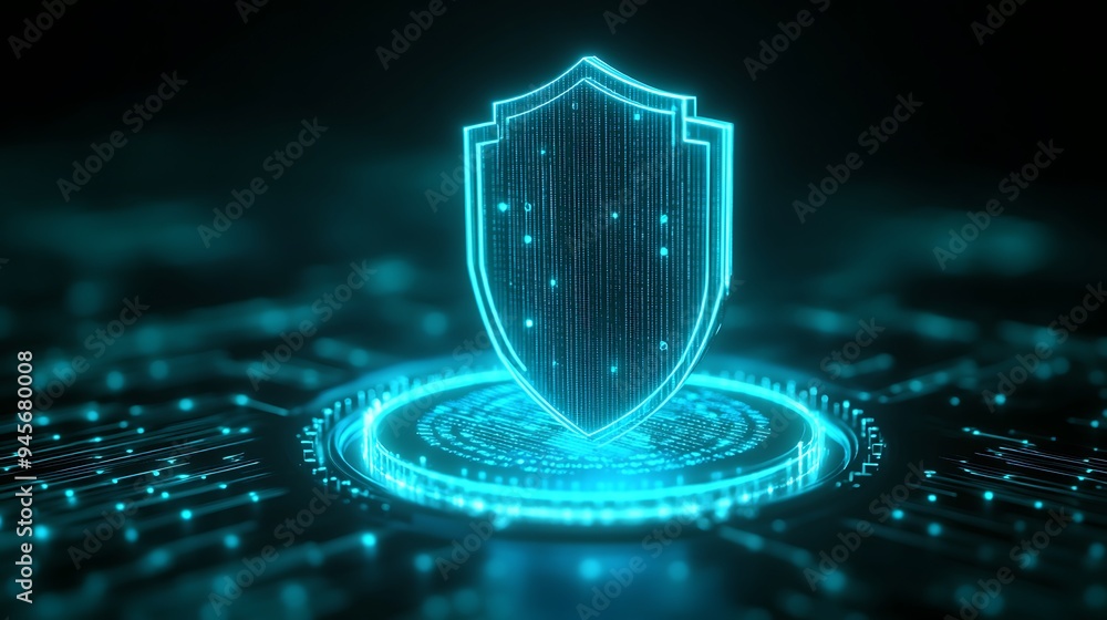 Poster futuristic shield icon glowing in blue, representing cybersecurity and data protection in a digital 