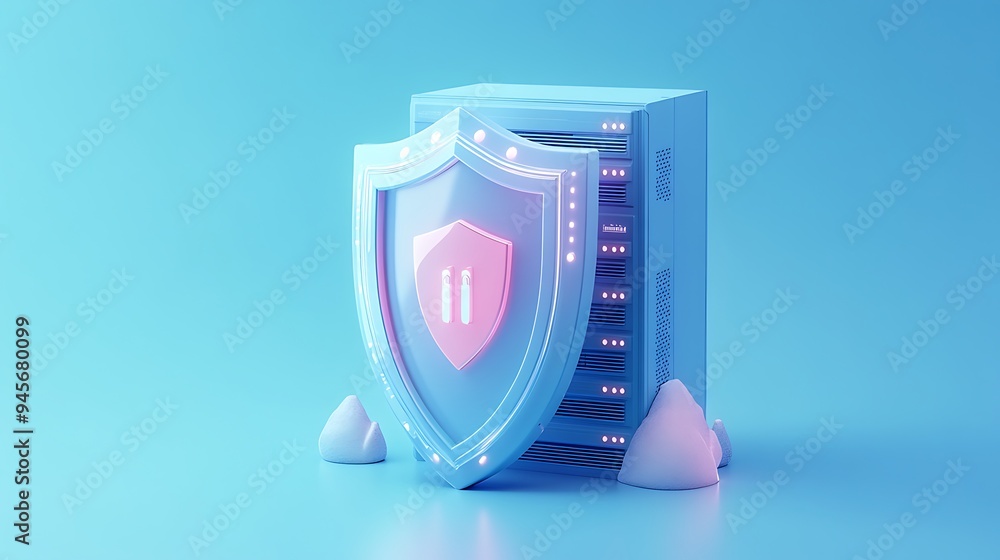 Poster futuristic server with shield and security icon. concept of data protection, cybersecurity, and secu