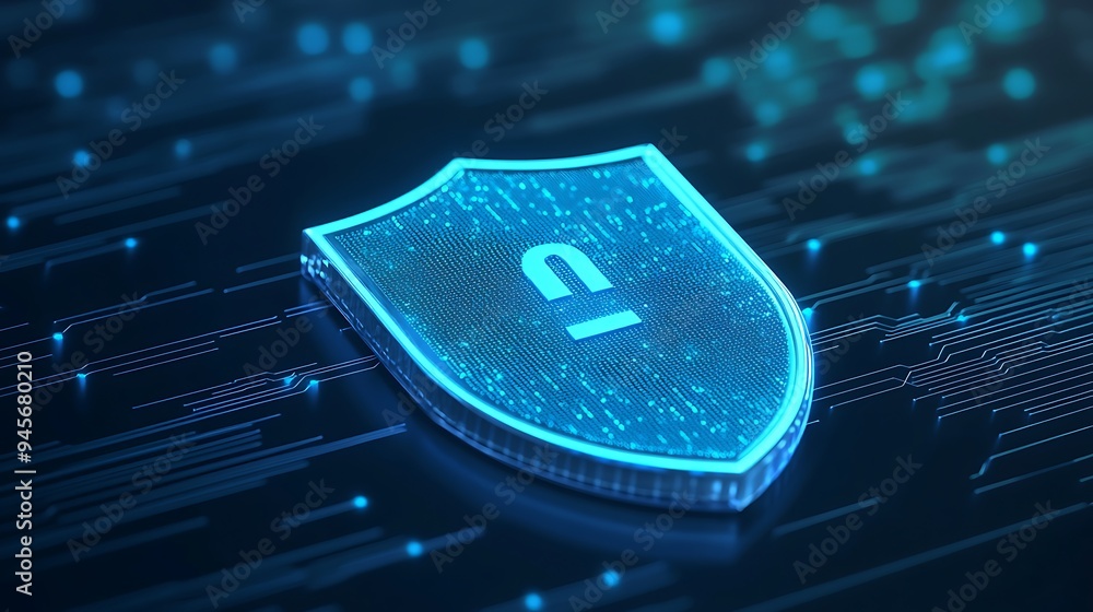 Poster futuristic shield icon representing cybersecurity and data protection in a digital world. 3d illustr