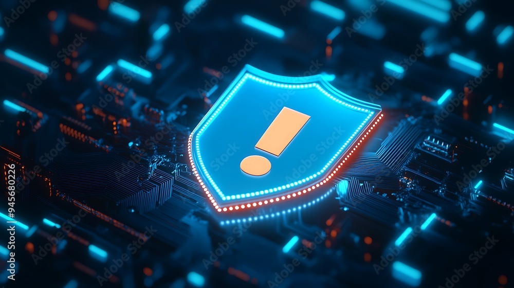 Poster futuristic shield icon with an exclamation mark glowing in a digital environment representing cybers