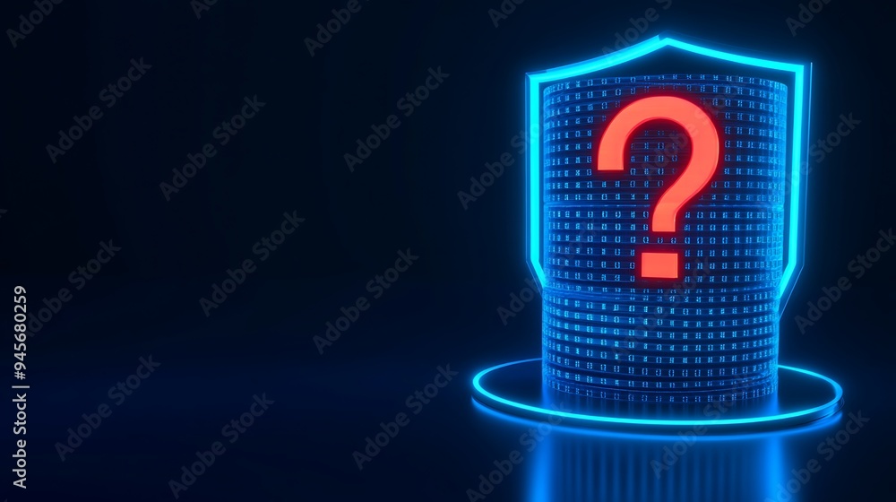 Poster futuristic shield with red question mark, representing cybersecurity, data protection, and digital s