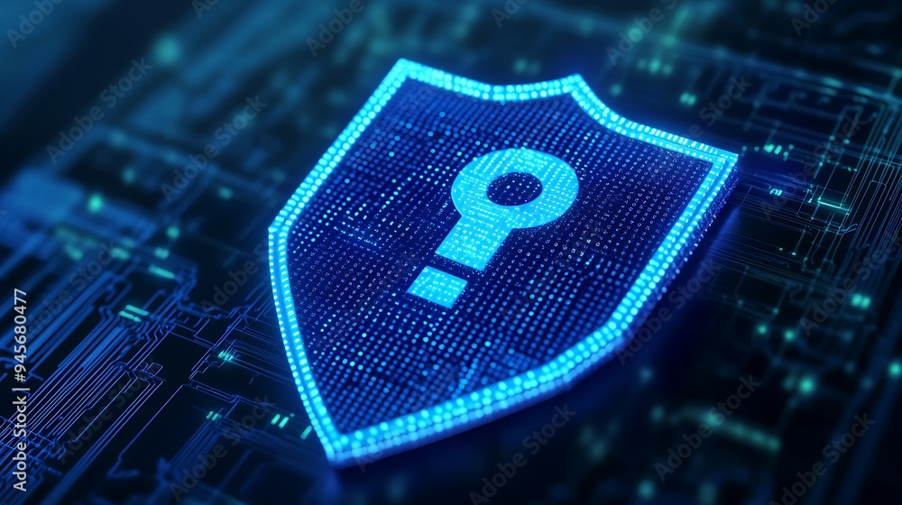 Poster glowing blue cybersecurity shield with a question mark symbol on digital background, representing on