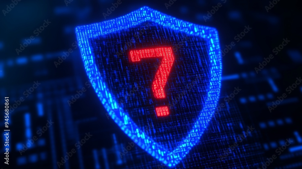 Poster glowing blue shield with a red question mark, symbolizing cybersecurity or data protection uncertain