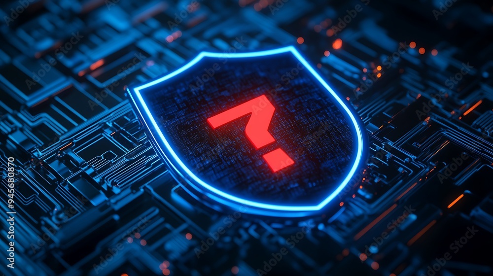 Poster glowing blue shield with a red question mark on a circuit board background representing cybersecurit