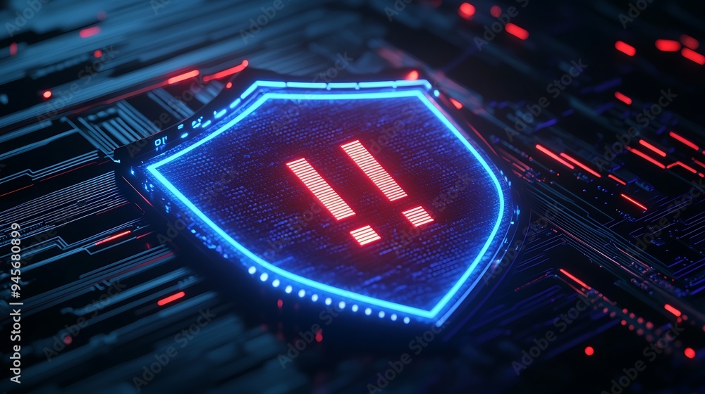Poster glowing blue shield with red warning symbol on futuristic digital background, representing cybersecu
