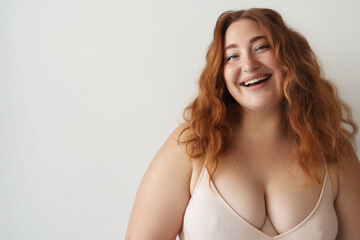 Naklejka premium A woman with red hair is smiling and wearing a white bra
