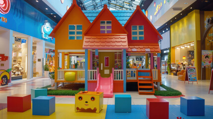 Vibrant playhouse in a bustling shopping mall attracting families and entertaining children while parents shop