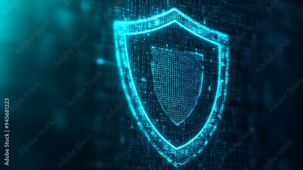 Aufkleber glowing digital shield symbolizing cybersecurity and protection against online threats on a dark bin