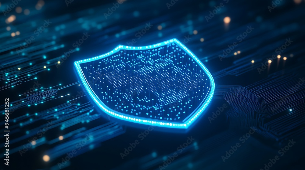 Poster glowing digital shield symbolizing cybersecurity in a futuristic, technologically advanced environme