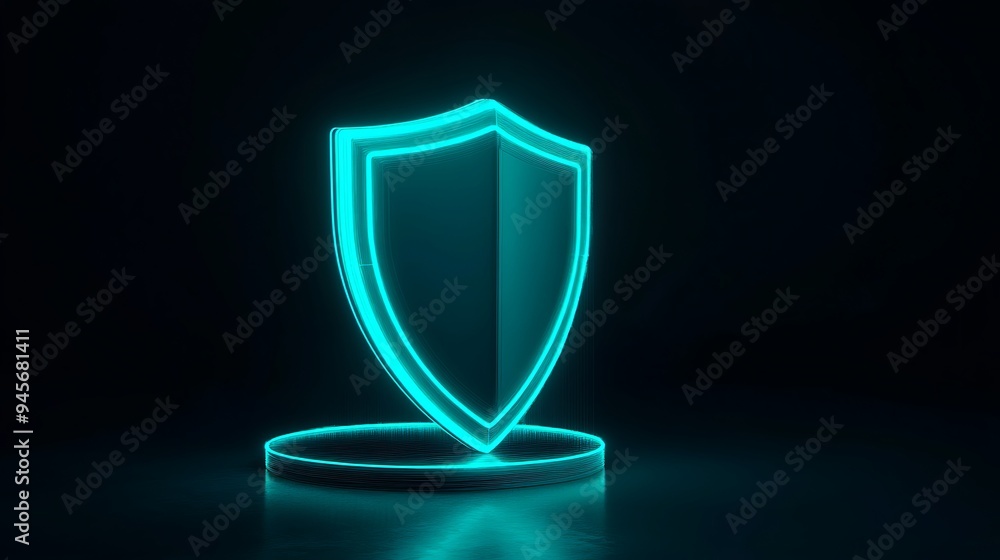 Poster glowing neon shield icon representing cybersecurity and data protection. a futuristic digital shield