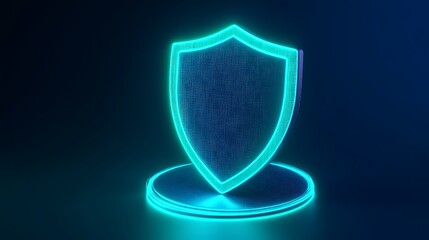Fototapeta premium Glowing neon shield, digital security symbol. Futuristic blue icon on dark background depicting protection and cybersecurity.