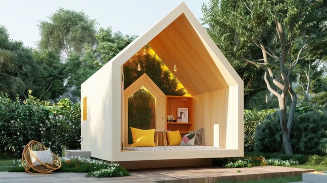 Scandinavian-inspired minimalist playhouse with light wood and bright interior in a serene outdoor setting