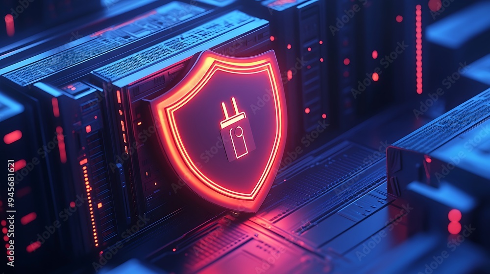 Poster glowing red cybersecurity shield icon in a server room. perfect image for illustrating data protecti