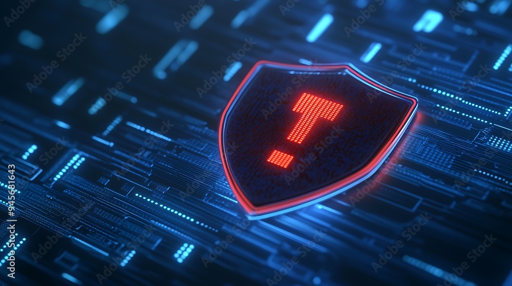 Poster Glowing red digital shield with a warning symbol on a futuristic circuit background representing cybersecurity threat detection.