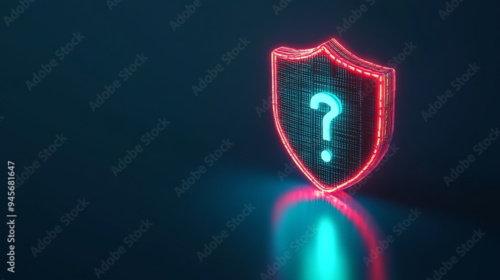 Poster glowing question mark inside a shield symbolizing cybersecurity enquiry or digital protection on a d