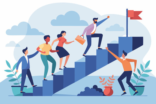 Team support help success, teamwork to progress and success together, company growth step or employee development, team achievement concept, business people team up holding hand help climb up stair.

